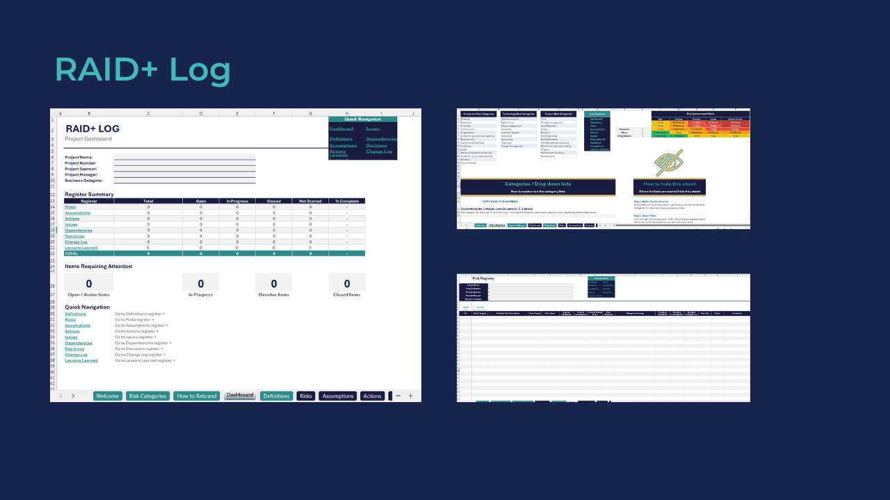 RAID+ Log Dashboard with risk categories and registers