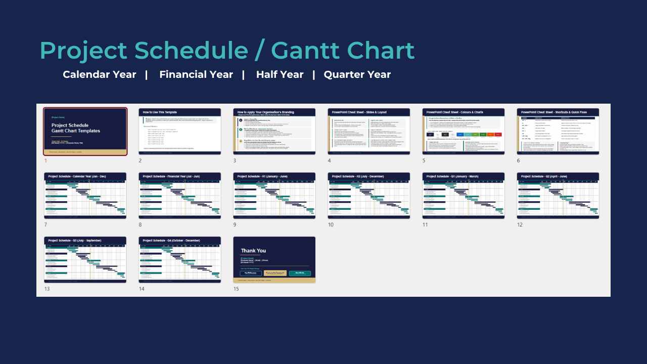Project Schedule Gantt Charts - calendar year, financial year, half year, quarter