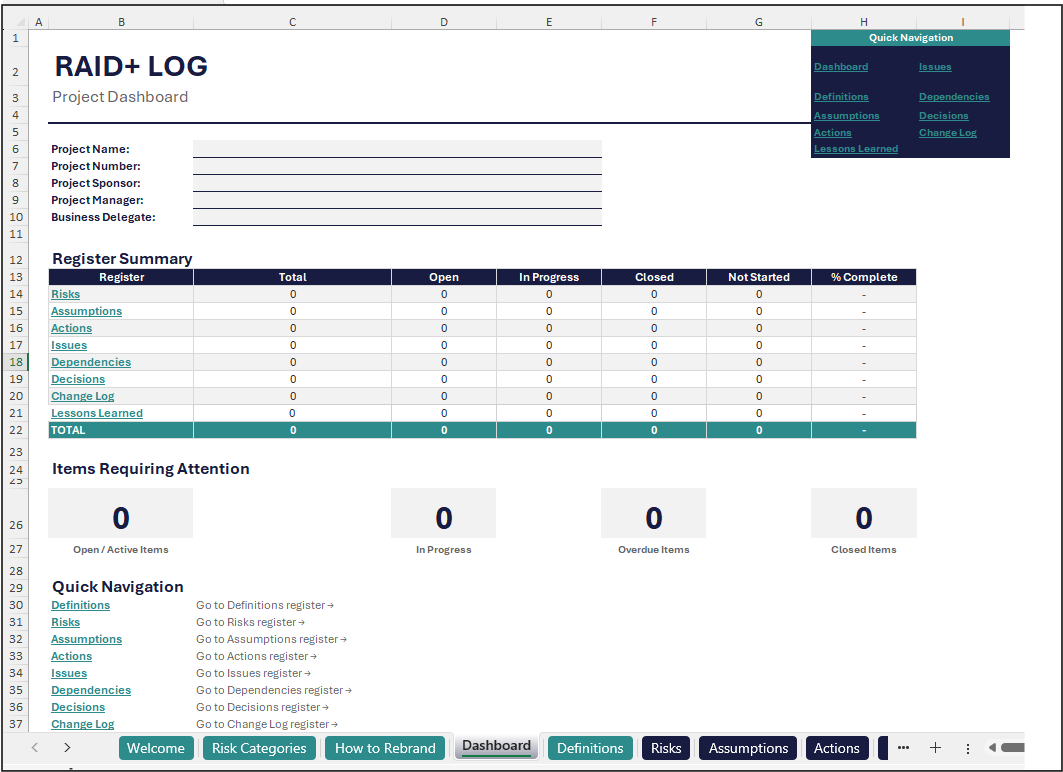 RAID+ Dashboard view showing project summary with quick navigation to all registers