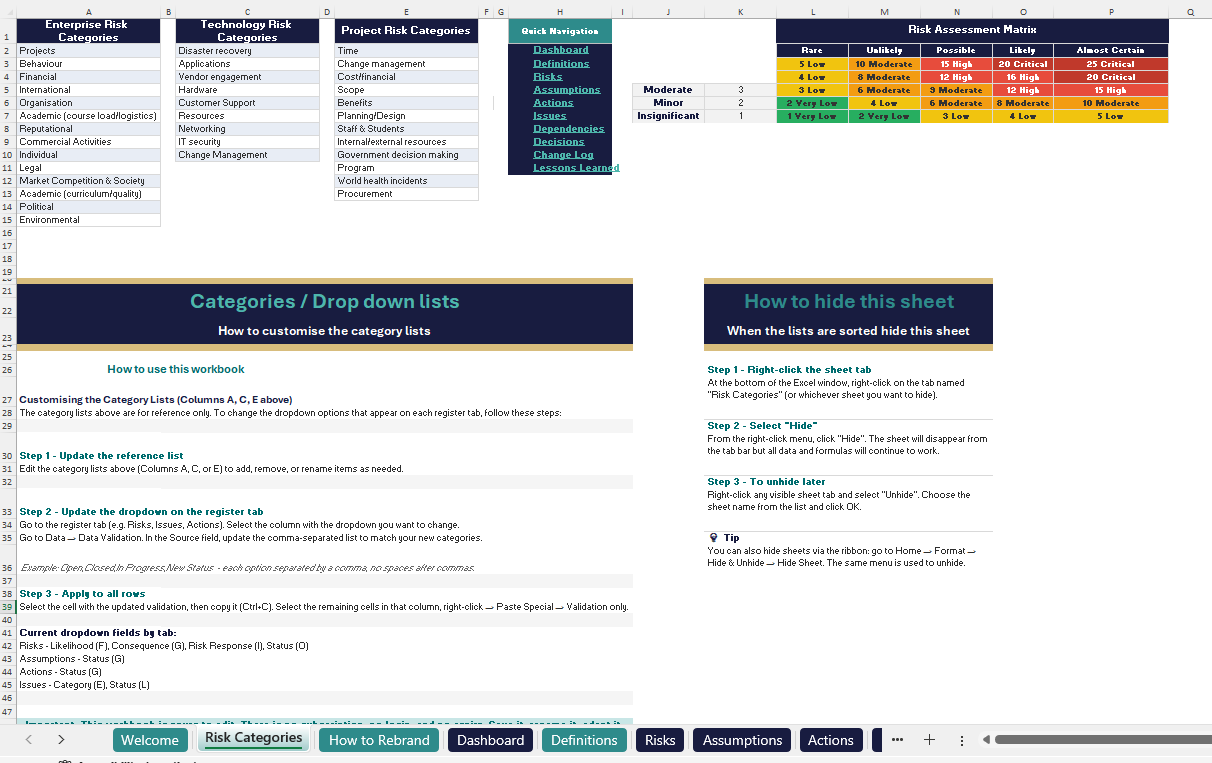 RAID+ Risk Register with severity matrix and conditional formatting